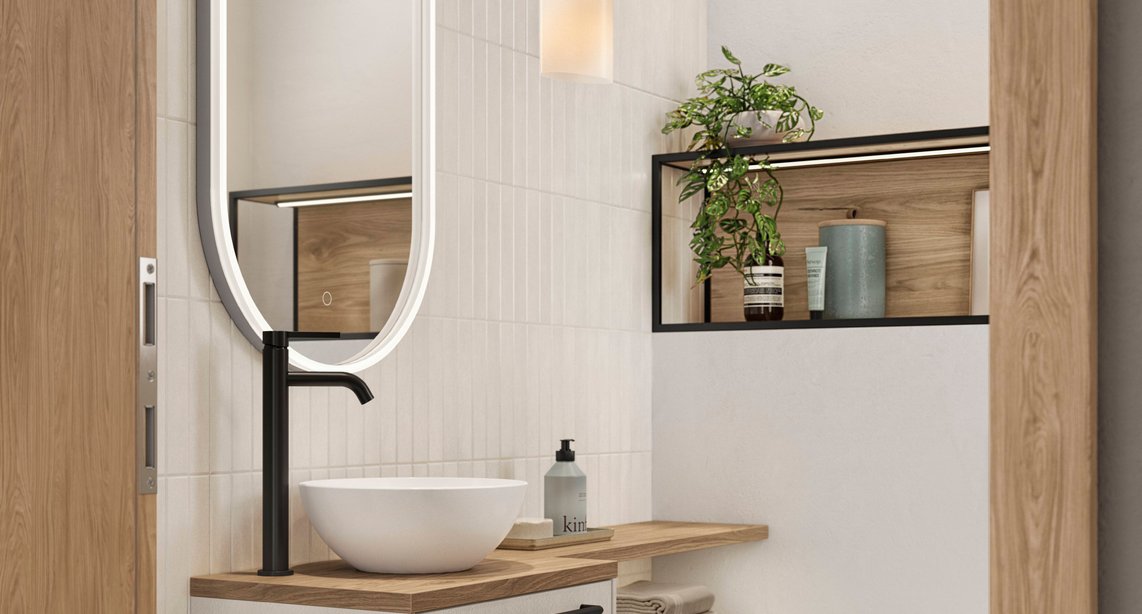 Smart and stylish in every corner — the Look vanity combines crisp white cabinetry with warm oak surfaces, a backlit mirror, and an open shelving niche for effortless storage.