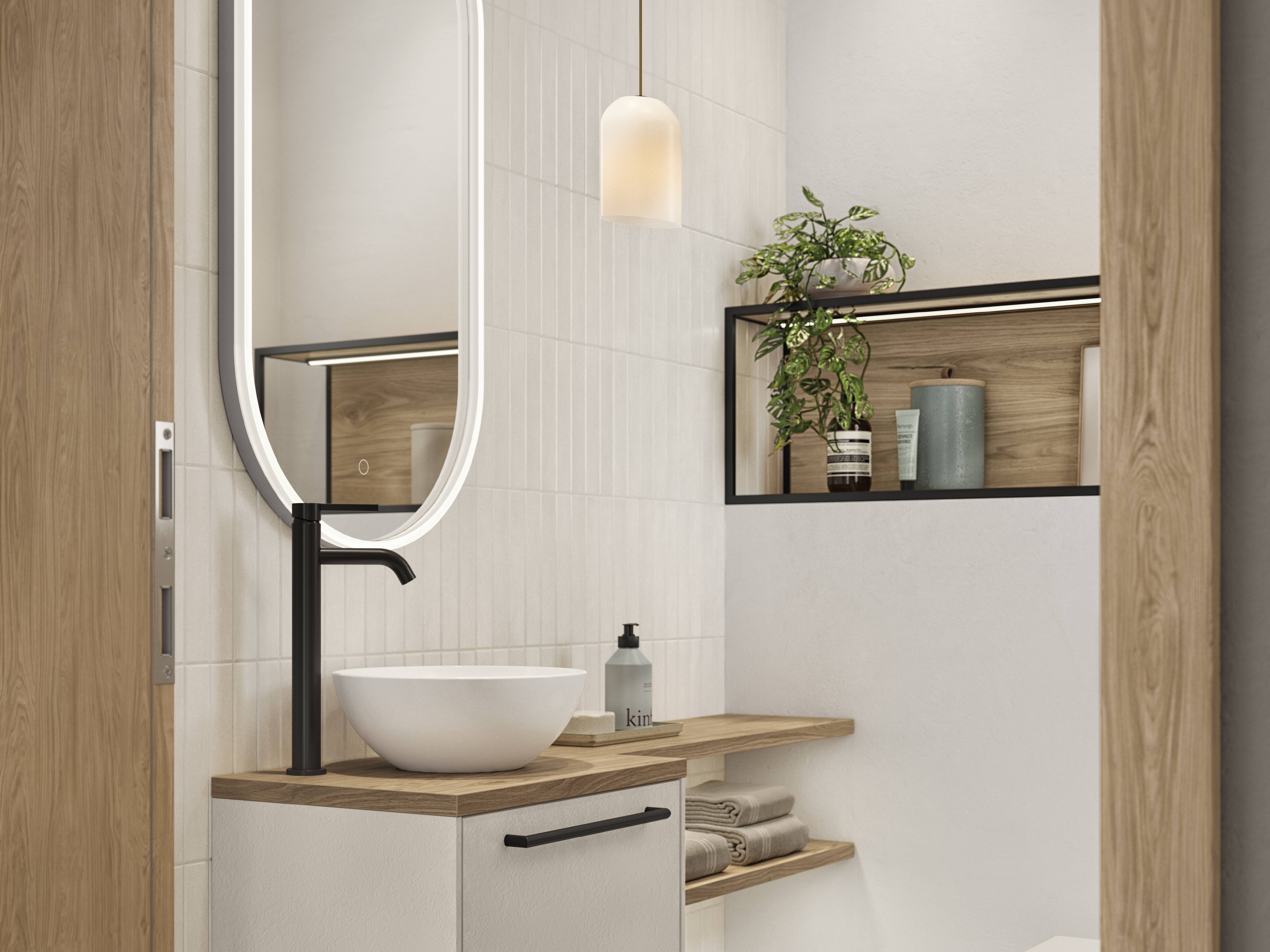 Smart and stylish in every corner — the Look vanity combines crisp white cabinetry with warm oak surfaces, a backlit mirror, and an open shelving niche for effortless storage.