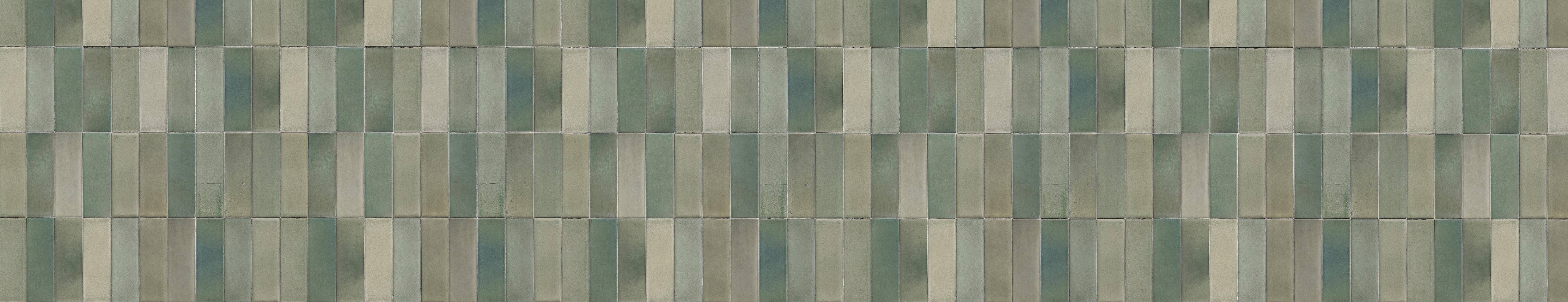 Vintage Green Kitchen Backsplash Tile — Handcrafted Zellige Style in Mixed Sage and Teal Wide-format swatch of handmade-style vintage green rectangular tiles in mixed tonal shades of sage, teal, slate, and sand, arranged in a stacked vertical brick pattern with visible grout lines and subtle surface variation.