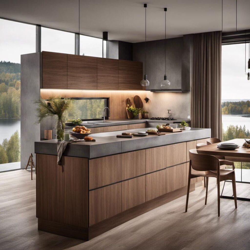 The result is worth the timeline — a walnut and concrete kitchen remodel like this, with panoramic lake views and a full working island, takes planning, precision, and the right amount of time to get right.