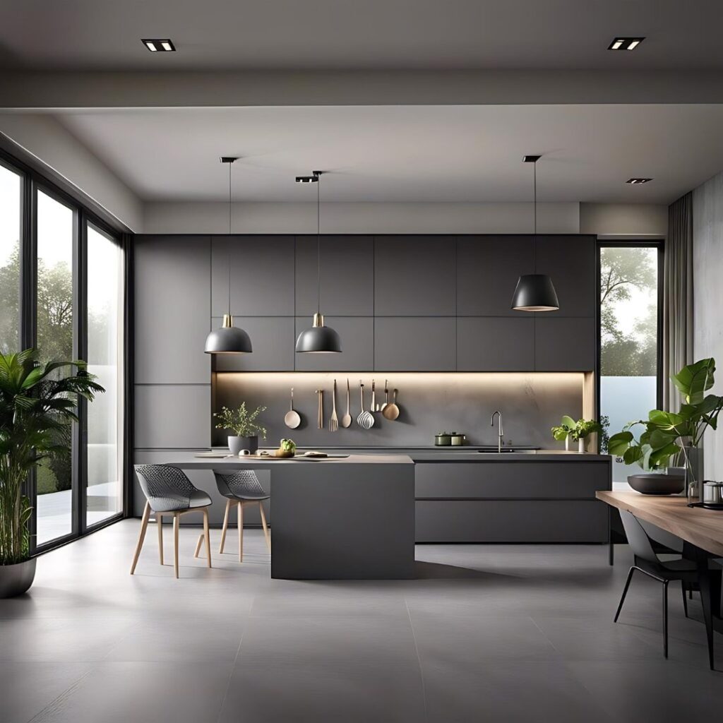 Minimalist matte charcoal kitchen with handleless floor-to-ceiling cabinetry, a matching island with a stepped lower drawer bank, warm LED under-cabinet lighting, a marble-effect backsplash with hanging wooden utensils, three dome pendant lights with brass fittings, large indoor plants, and an adjacent walnut dining table with black chairs.