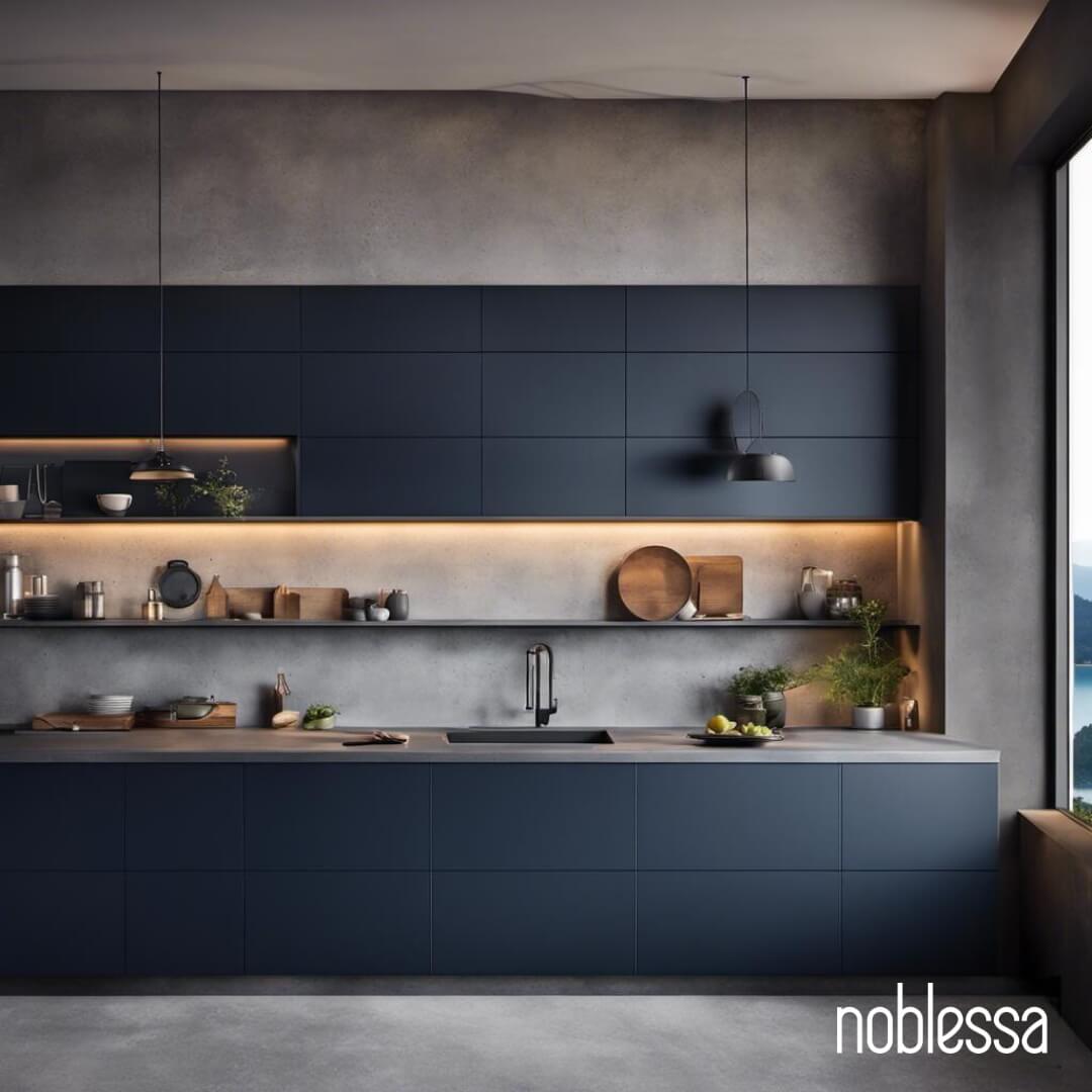 Noblessa Luxury Kitchen — Navy Blue Cabinetry with Concrete Texture Noblessa-branded luxury kitchen with floor-to-ceiling matte navy blue handleless cabinetry, a concrete-effect backsplash and walls, warm LED strip lighting beneath upper cabinets, an open shelf displaying wooden boards and ceramics, a matte black sink tap, and a large window with coastal views.