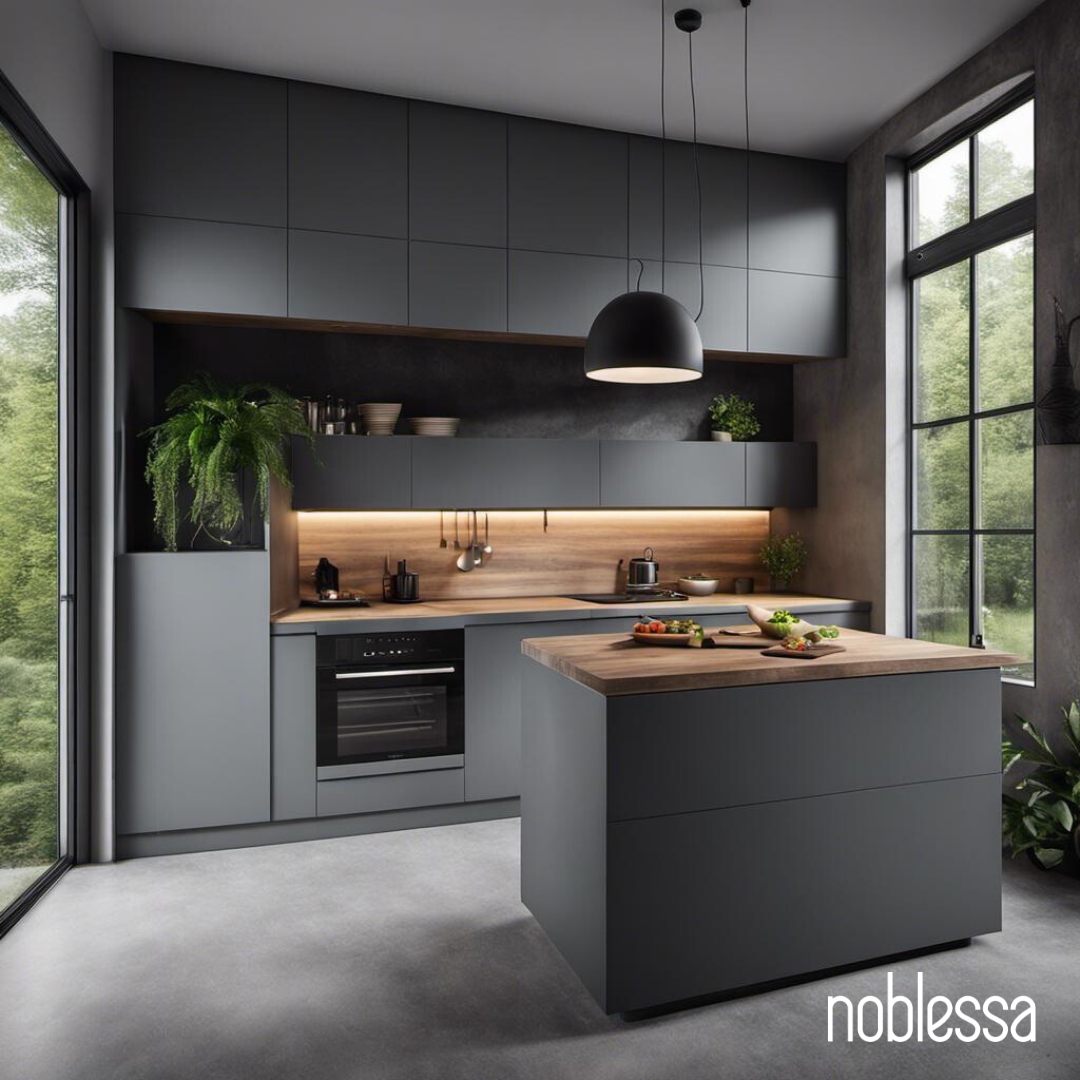 Noblessa Luxury Kitchen — Matte Anthracite Cabinetry with Walnut Worktop Noblessa-branded dark grey matte kitchen with handleless upper and lower cabinetry, a walnut worktop island, warm LED under-cabinet lighting, black dome pendant light, wood-effect backsplash, integrated black oven, and large industrial-frame windows with garden views.