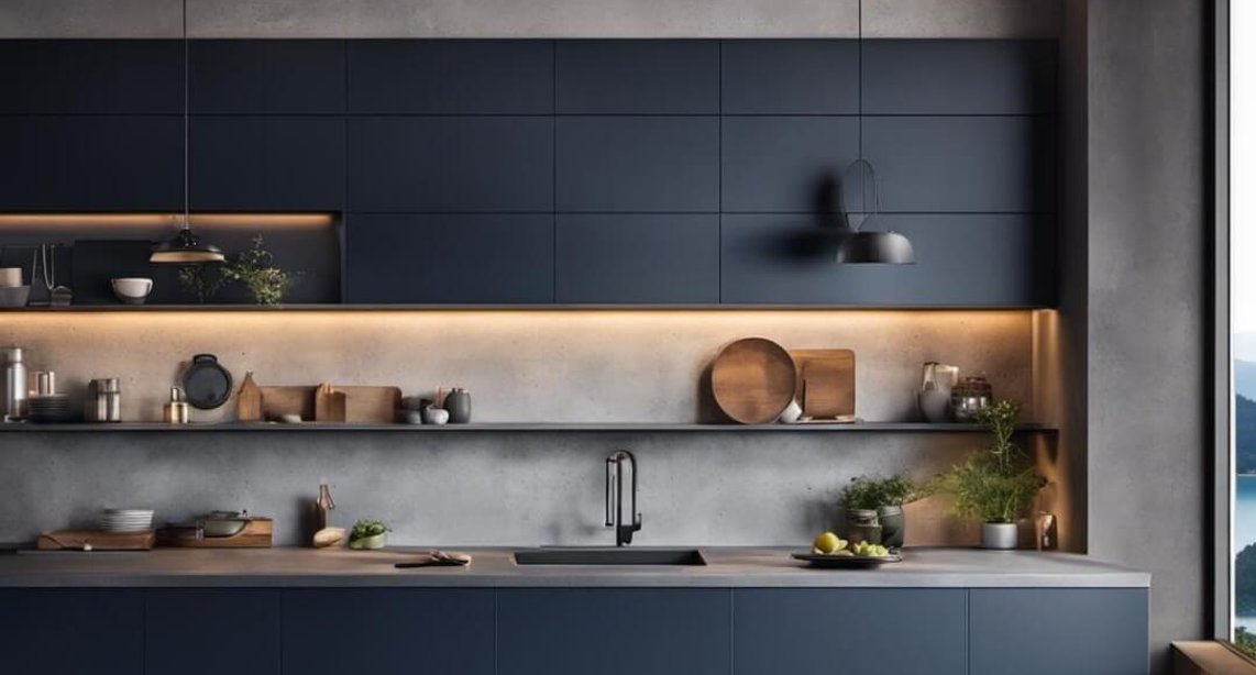 Where luxury meets raw texture — deep navy cabinetry against exposed concrete walls and warm accent lighting creates a kitchen that commands attention without demanding it.